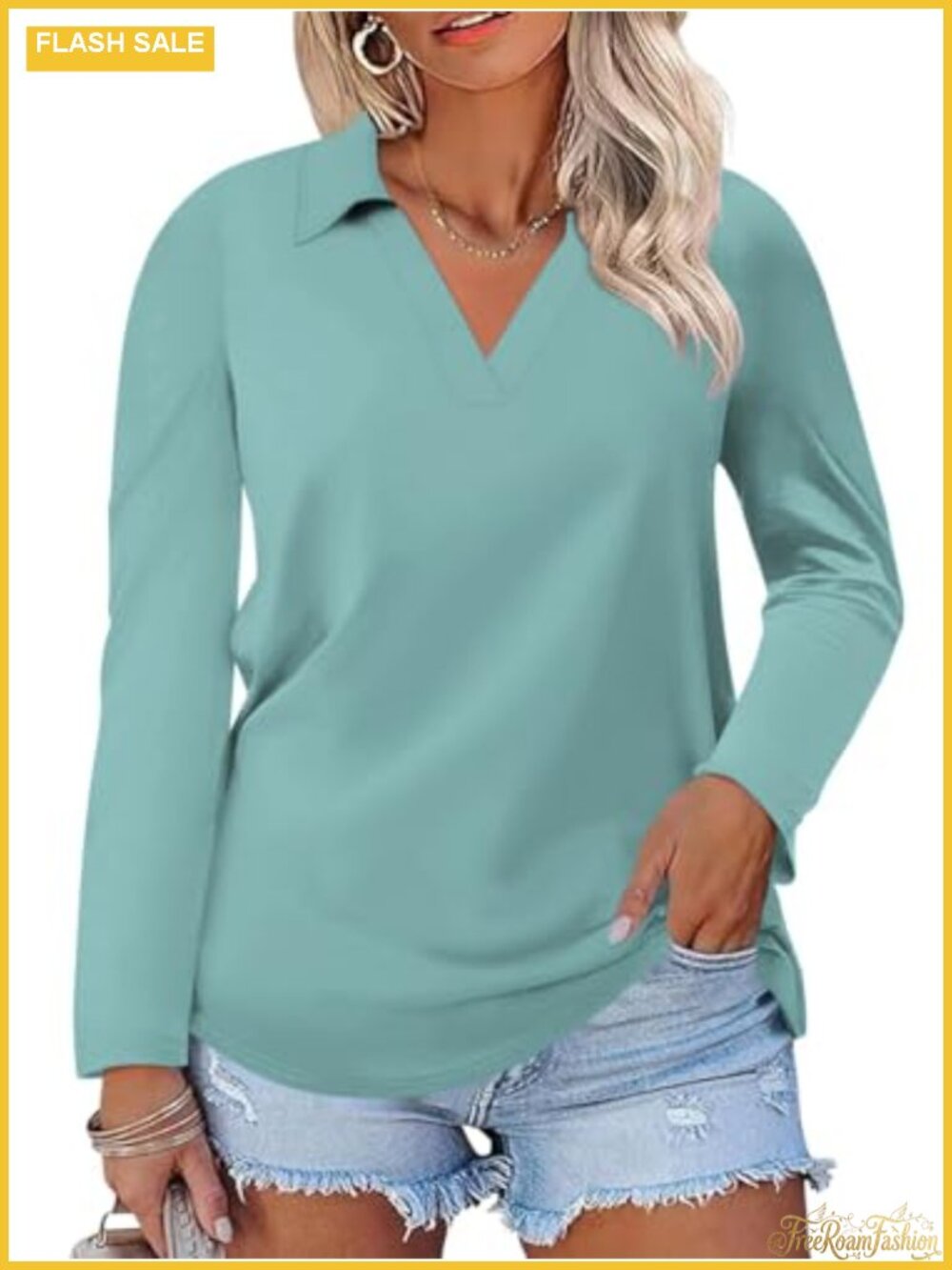 Plus Size Collared V Neck Polo Shirt Long Sleeve Tunic Work Blouse